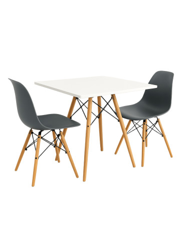 Zestaw stół DSW 80x80 biały 2 ciemno szare krzesła Milano