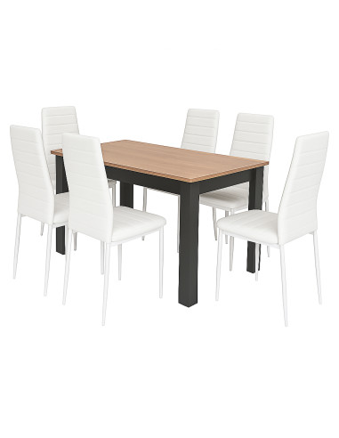 Zestaw stół 120x80 blat dąb craft/nogi czarne 6 białych krzeseł Nicea