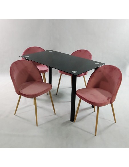 Zestaw stół NICEA czarny i 4 krzesła DENWER VELVET różowe