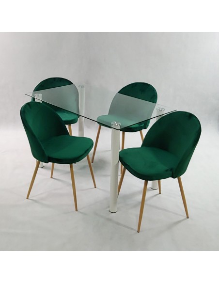 Zestaw stół NICEA biały i 4 krzesła DENWER VELVET zielone