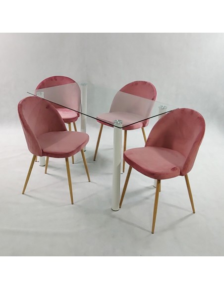 Zestaw stół NICEA biały i 4 krzesła DENWER VELVET różowe