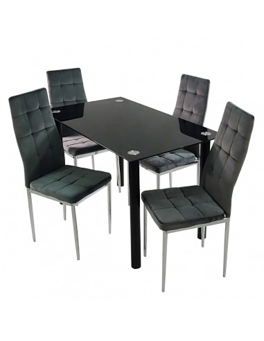 Stół NICEA czarny i 4 krzesła MONAKO VELVET szare