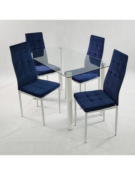 Stół NICEA biały i 4 krzesła MONAKO VELVET granatowe