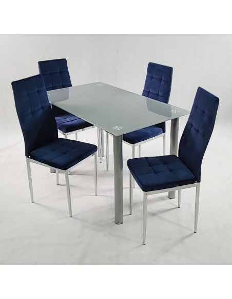 Stół NICEA biały i 4 krzesła MONAKO VELVET granatowe
