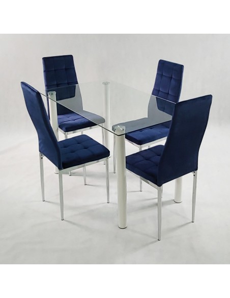Stół NICEA biały i 4 krzesła MONAKO VELVET granatowe