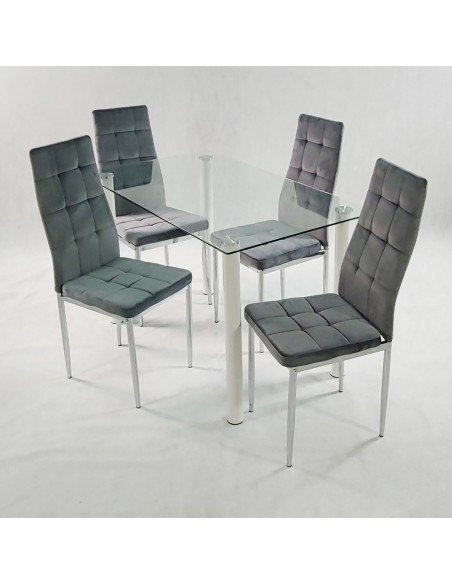 Stół NICEA biały i 4 krzesła MONAKO VELVET szare