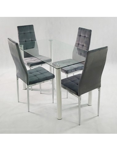 Stół NICEA biały i 4 krzesła MONAKO VELVET szare