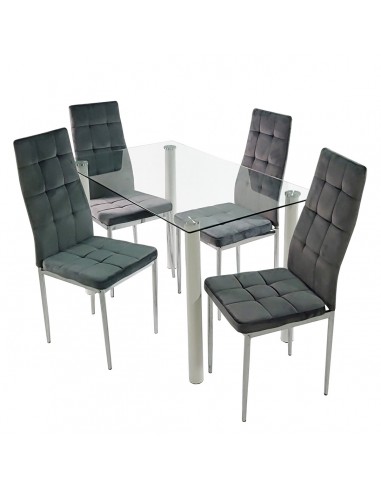 Stół NICEA biały i 4 krzesła MONAKO VELVET szare