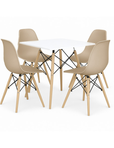 Zestaw stół DSW 80x80 biały 4 beżowe krzesła Milano