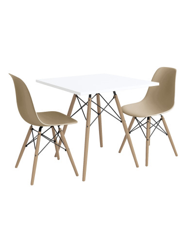 Zestaw stół DSW 80x80 biały 2 beżowe krzesła...