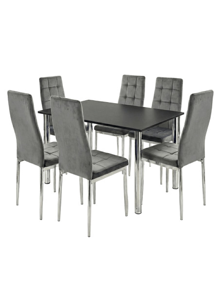 Zestaw stół Lugano 120x80 blat czarny/nogi chrom 6 krzeseł Monako szarych welur
