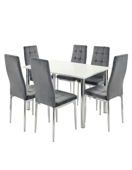 Zestaw stół Lugano 120x80 blat biały/nogi chrom 6 krzeseł Monako szarych welur
