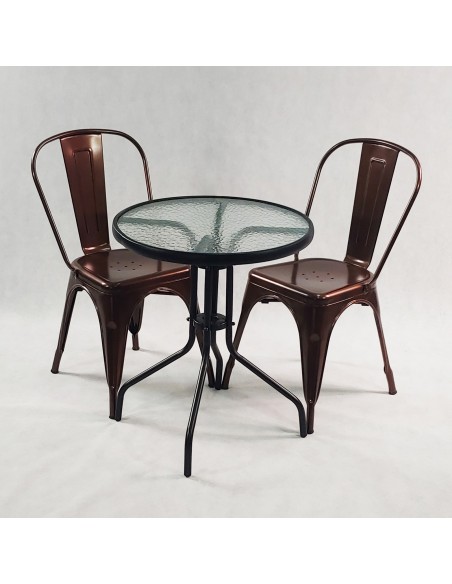 Zestaw stół BISTRO czarny i 2 miedziane krzesła metalowe PARIS