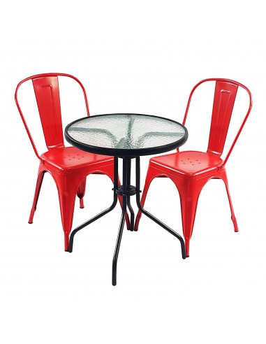 Zestaw stół BISTRO czarny i 2 czerwone krzesła metalowe PARIS