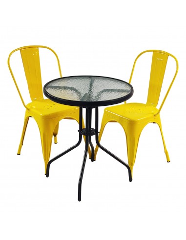Zestaw stół BISTRO czarny i 2 żółte krzesła metalowe PARIS
