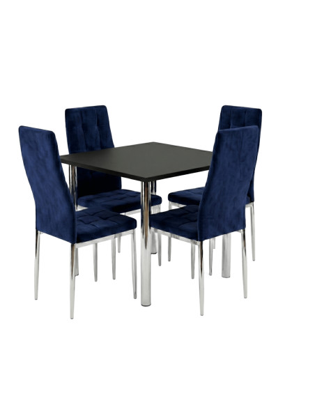 Zestaw stół Lugano 80x80 blat czarny/nogi chrom 4 Monako granat welur