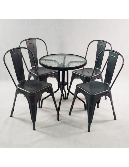 Zestaw stół BISTRO czarny i 4 szare krzesła metalowe PARIS