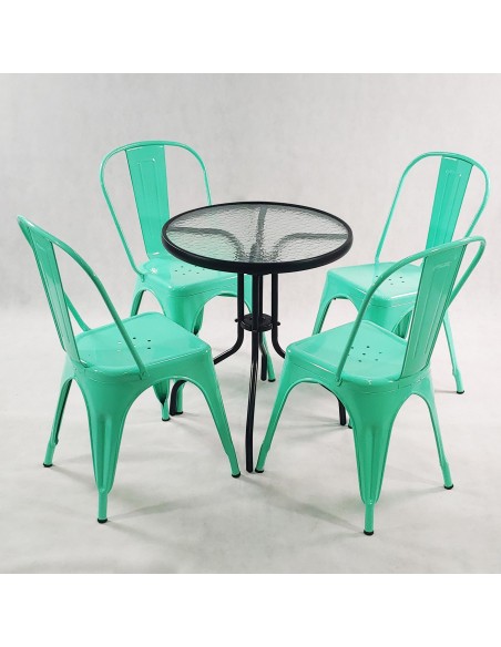 Zestaw stół BISTRO czarny i 4 czerwone krzesła metalowe PARIS