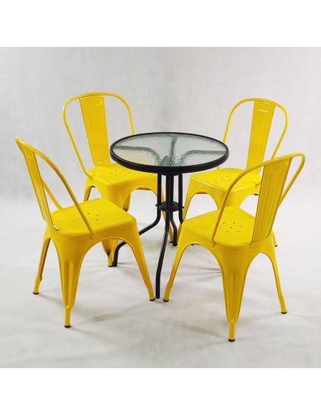 Zestaw stół BISTRO czarny i 4 czerwone krzesła metalowe PARIS