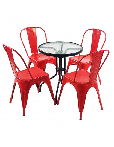 Zestaw stół BISTRO czarny i 4 czerwone krzesła metalowe PARIS