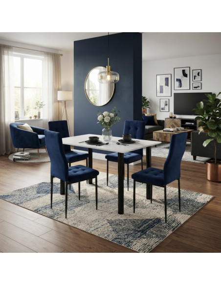 Zestaw stół Lugano 120x80 blat biały/nogi czarne 4 Monako granat welur