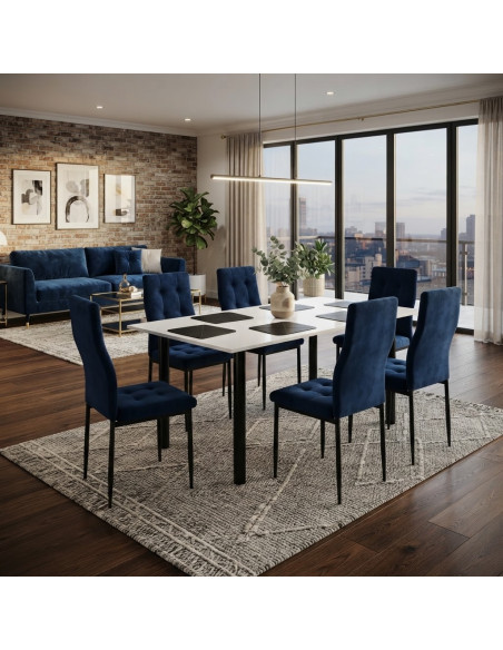 Zestaw stół Lugano 120x80 blat biały/nogi czarne 6 Monako granat welur