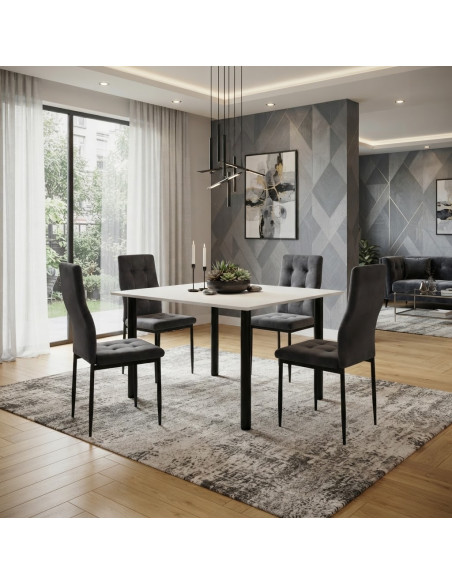 Zestaw stół Lugano 120x80 blat biały/nogi czarne 4 Monako szare welur